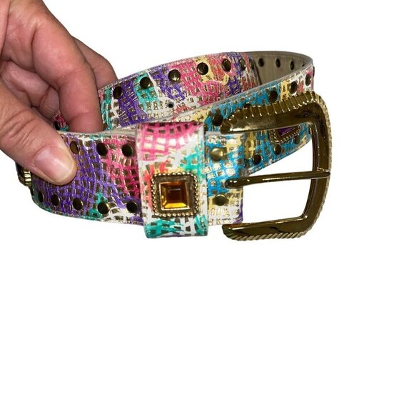 Vintage Womens Belt Size Large Multicolor Metallic Leather Rhinestone